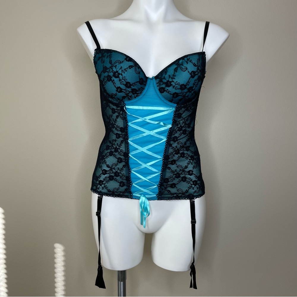 Native Intimates Lace Bustier/Corset with Black and Bright Blue Design 36B